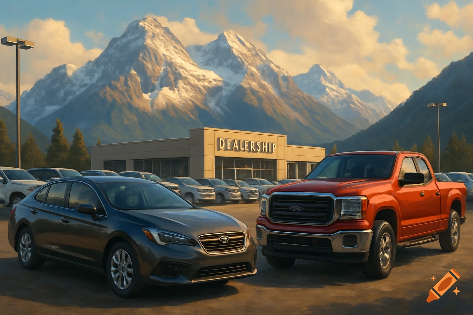Cars parked at a dealership with mountains in the background.