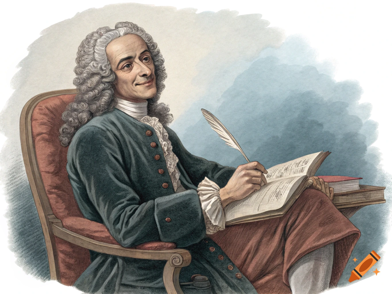 Illustration of Voltaire seated, writing in a book with a quill.