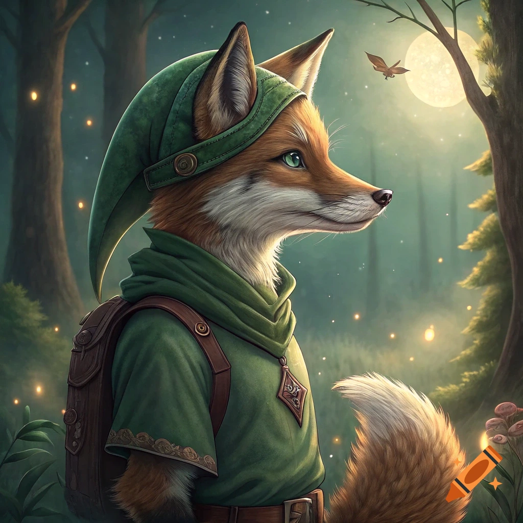A furry fox character wearing a green tunic and cap like Link from Zelda, standing in a forest with fireflies at night.