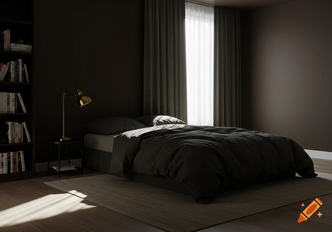 A dark bedroom interior with a bed, bookshelf, window with sheer curtains, and sunlight streaming onto the floor.