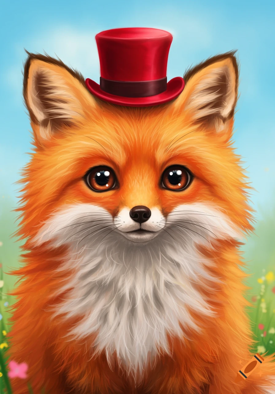 A close-up of a cute, fluffy orange fox wearing a red top hat.
