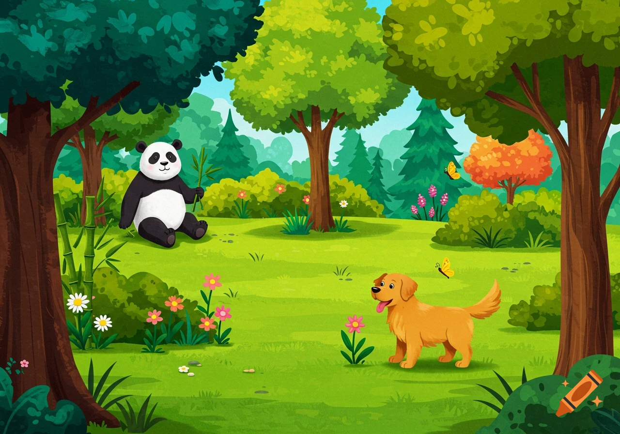 An illustration of a panda and a dog in a sunny park with trees, flowers, and butterflies.