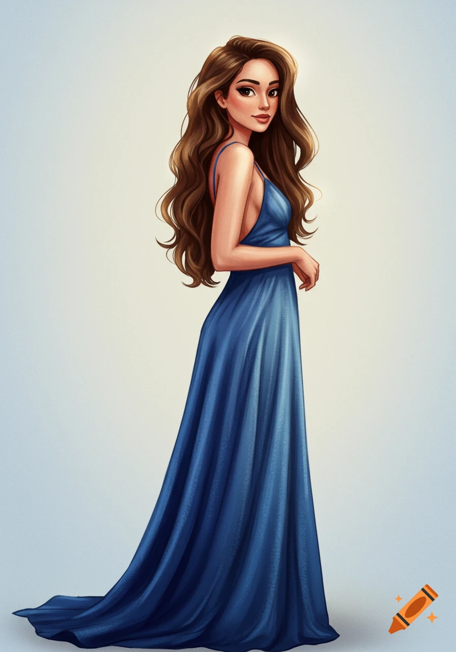 A woman with long brown wavy hair wearing a blue dress.