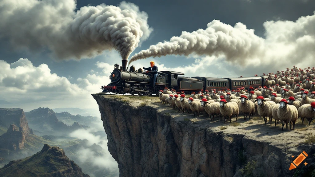 A train driven by a figure resembling Trump carries sheep in red hats off a cliff in a mountain landscape.