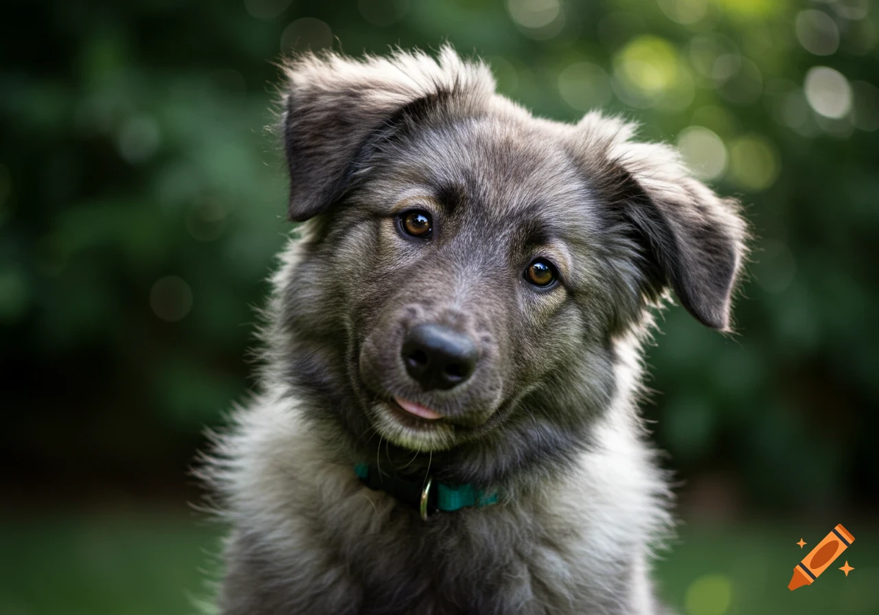 Close-up photo of a fluffy puppy looking at the camera with its tongue out slightly.