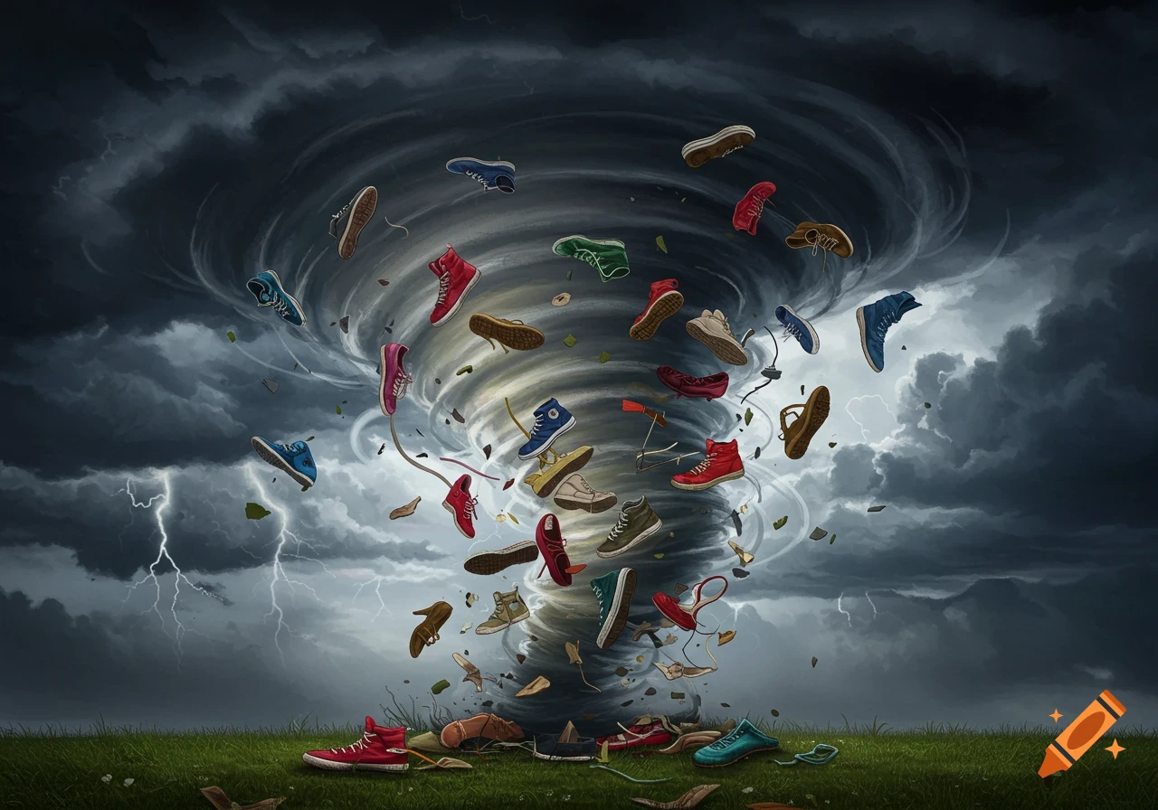 A tornado swirls above a grassy field, filled with shoes of various colors and styles under a stormy sky with lightning.