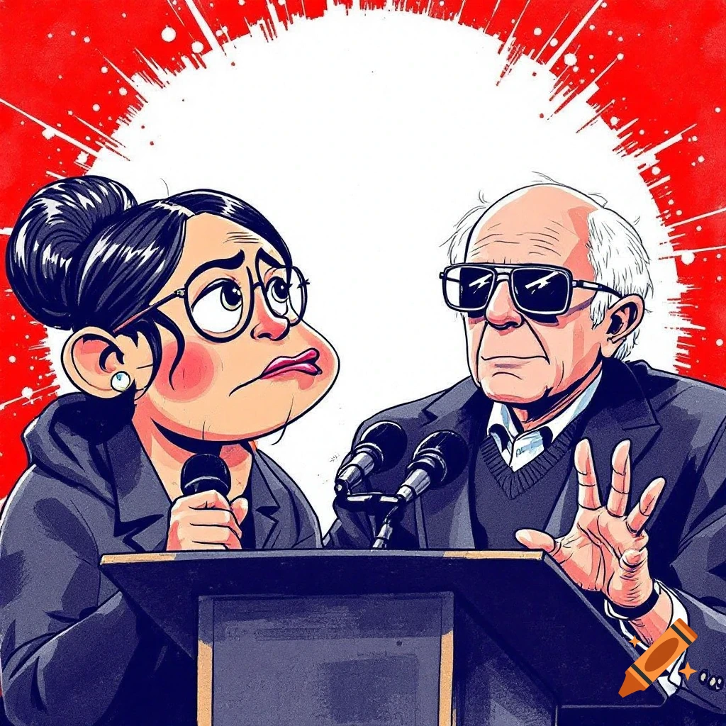 Cartoon caricatures of Alexandria Ocasio-Cortez and Bernie Sanders at a podium.