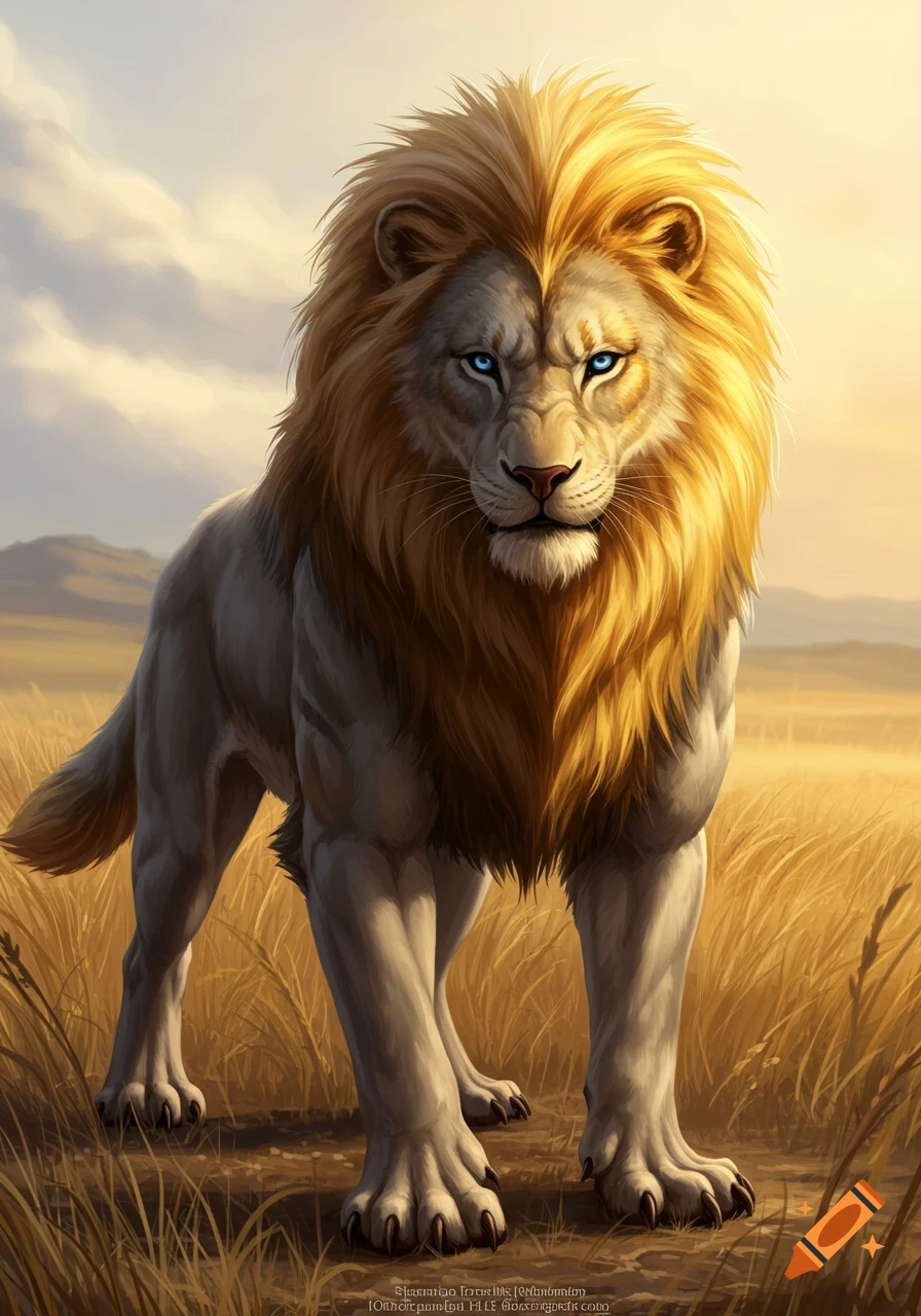 A majestic fantasy creature resembling a lion with blue eyes stands in tall grass at sunset.
