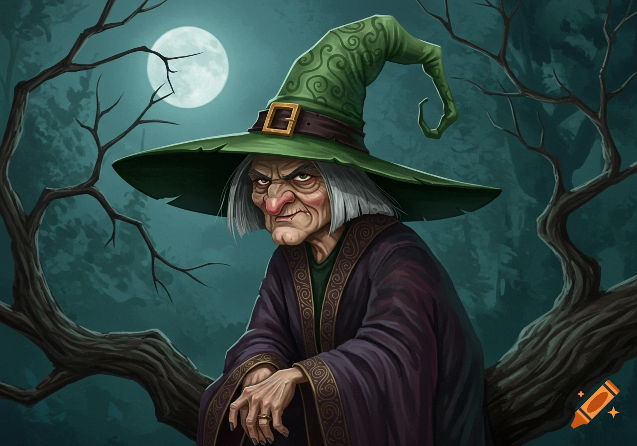 A grumpy old witch with a green hat sits on a tree branch at night.
