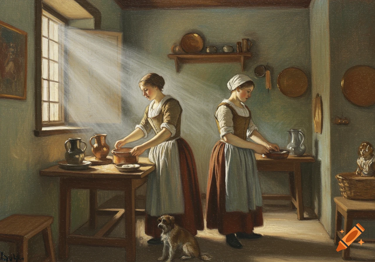 Pastel painting of two women preparing food in a 16th century kitchen with light streaming from a window and a dog.