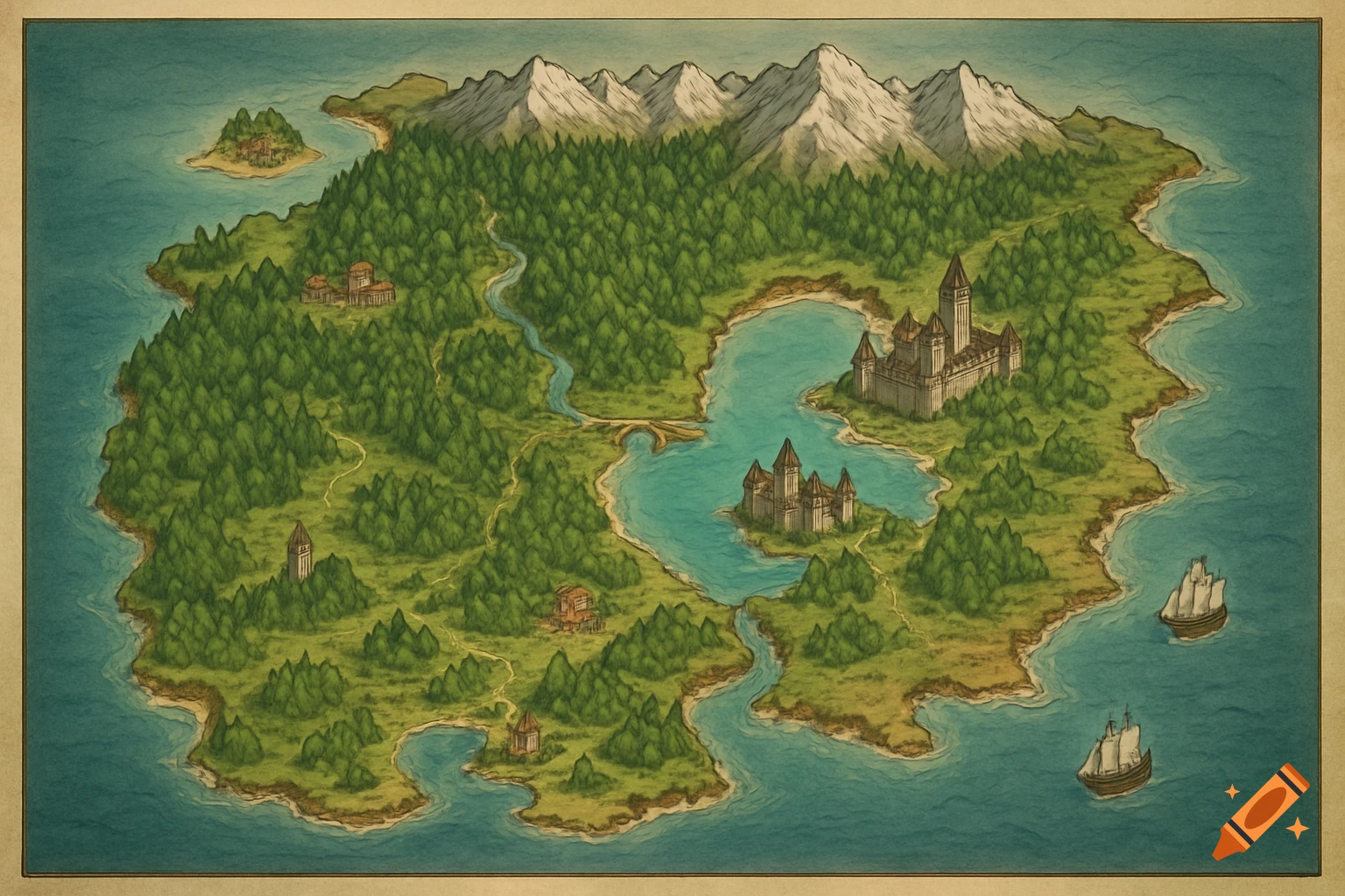 Illustrated fantasy map of an island with mountains, forests, castles, a river, a lake, and ships.