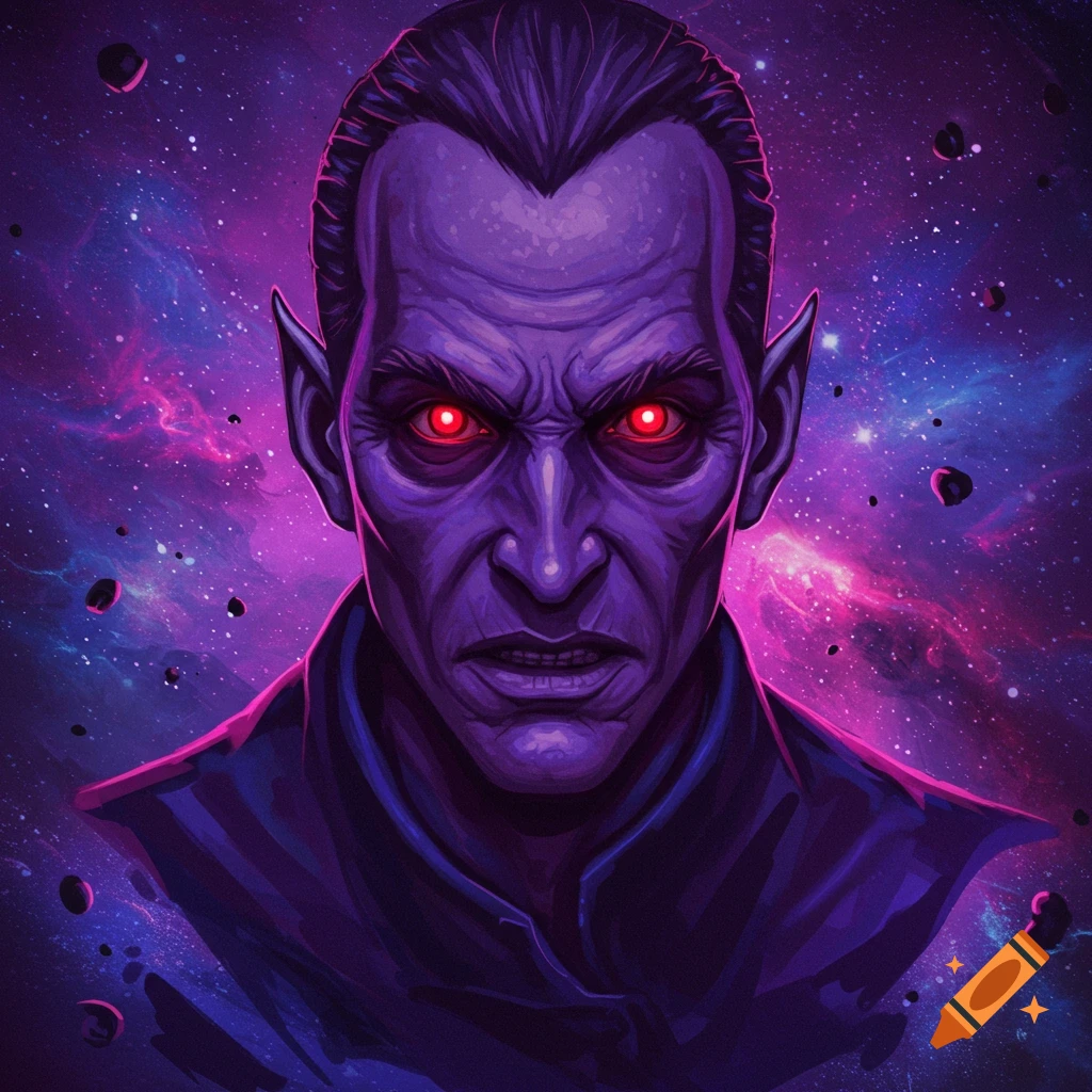 Image of a purple-skinned character with glowing red eyes against a cosmic background.