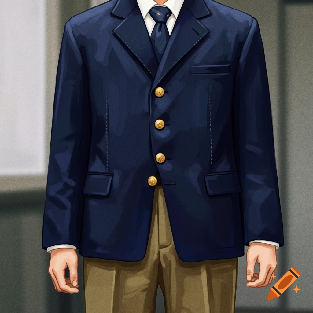 A person wearing a dark blue blazer with gold buttons, tie, and khaki pants.