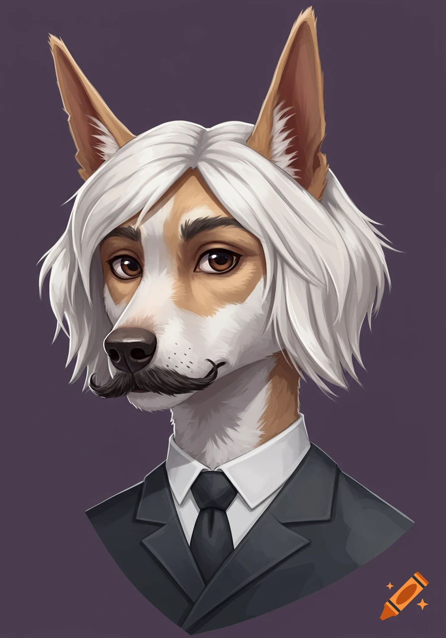 Portrait of an anthropomorphic dog with white hair and a mustache wearing a suit.