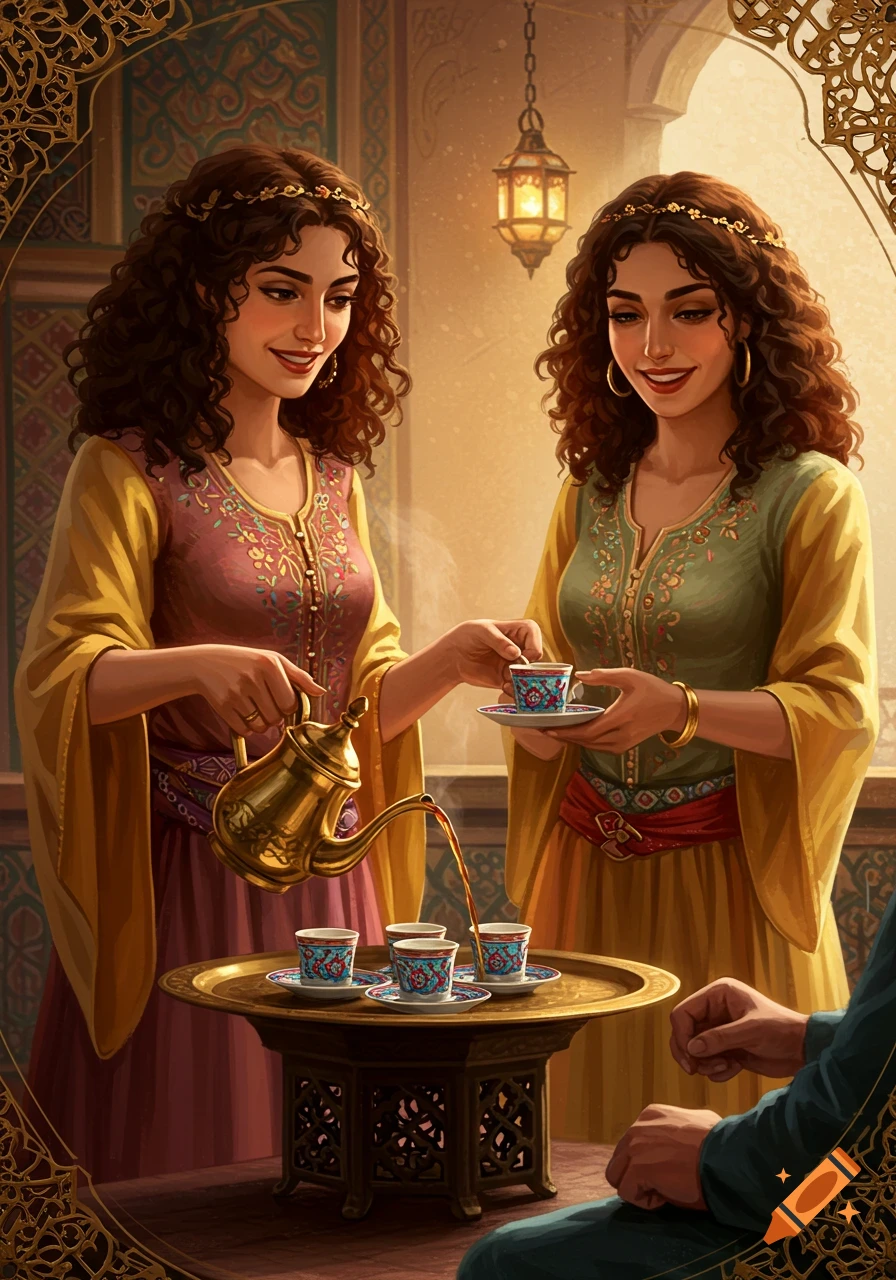 Two women in traditional clothing serving coffee from a pot in an ornate setting.
