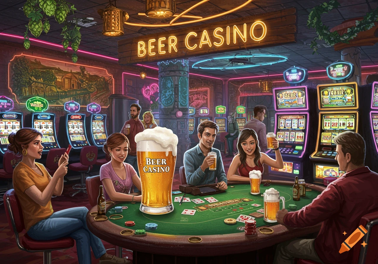 People drinking beer and gambling at a table in a neon-lit Beer Casino.