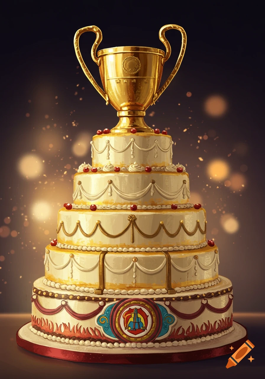 A multi-tiered cake topped with a golden trophy, decorated with icing, cherries, and gold trim.