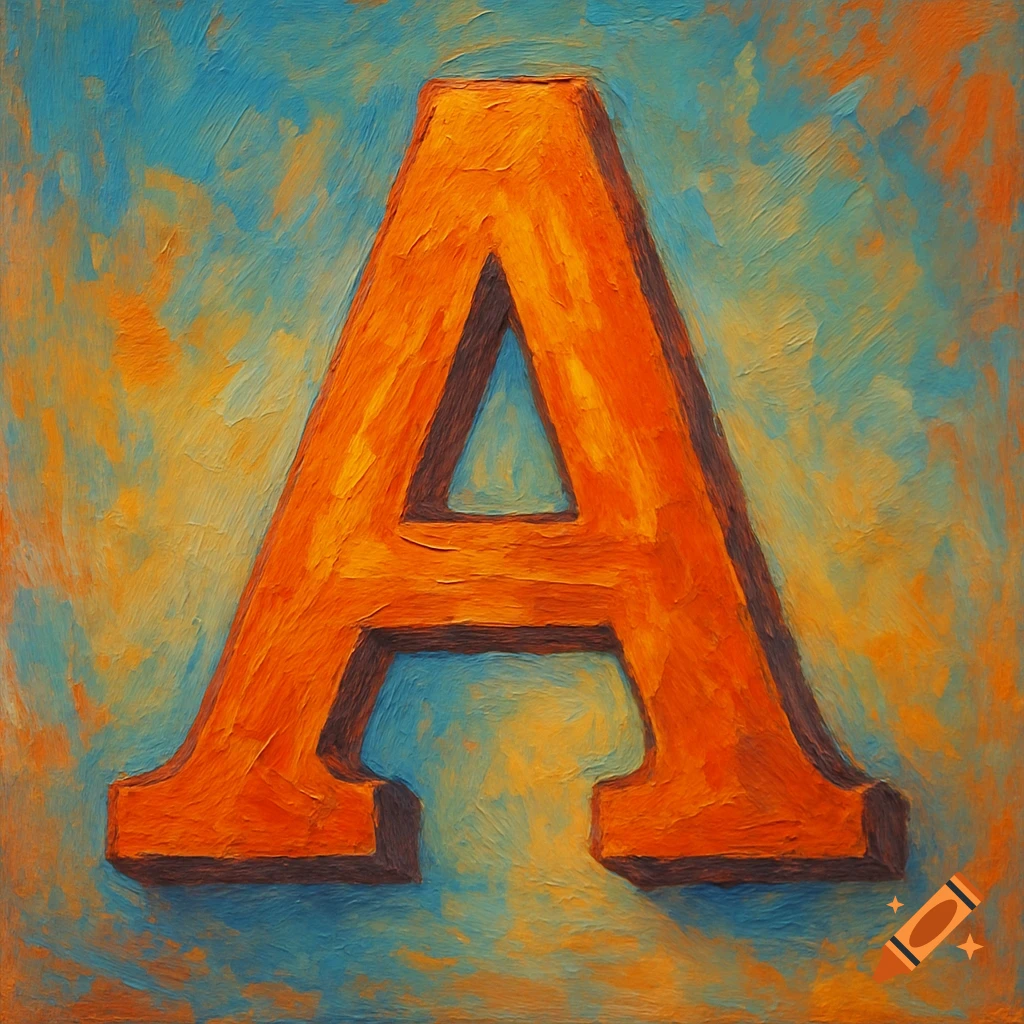 Orange capital letter A in an oil painting style on a textured blue and orange background.