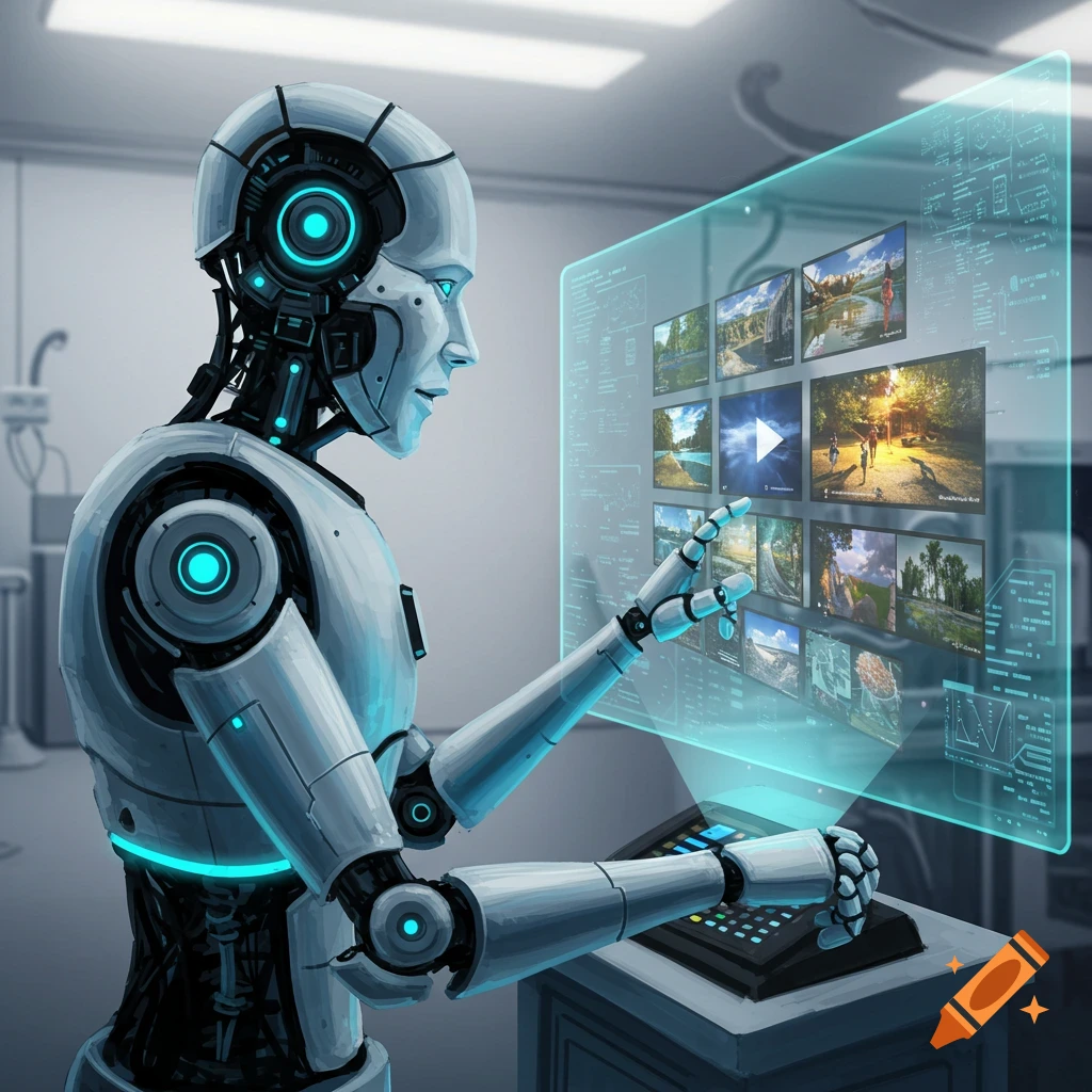 A robot touching a holographic screen displaying video thumbnails.