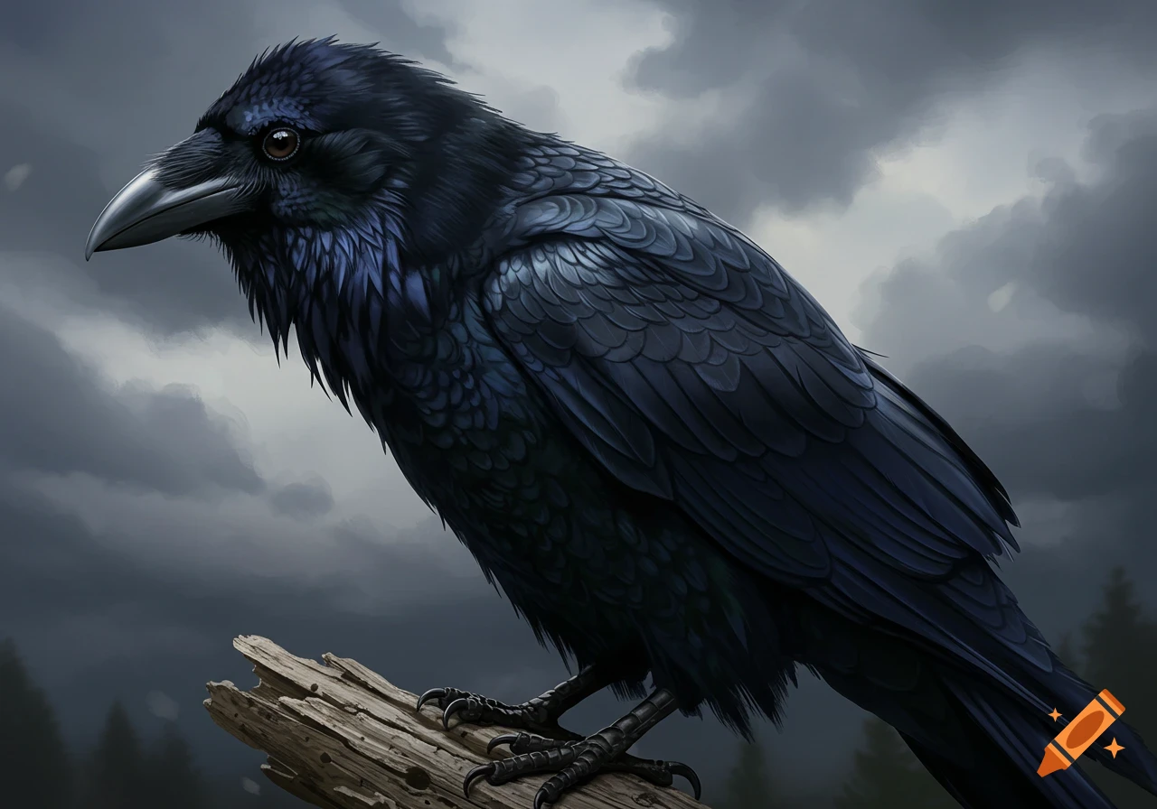 A black raven perched on a log against a cloudy sky.