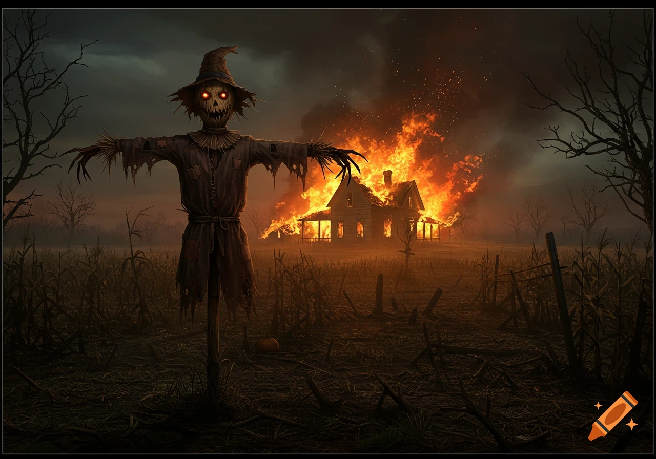 A scary scarecrow stands in a field with a burning house in the background.