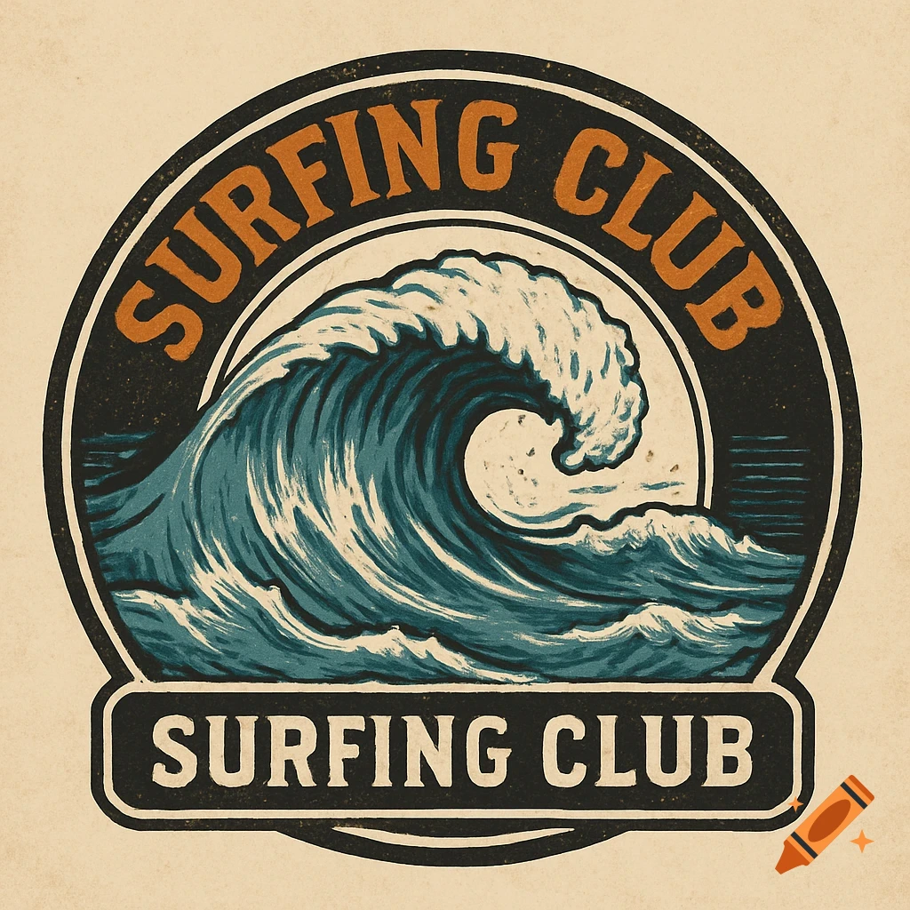 Vintage surfing club logo with a large wave