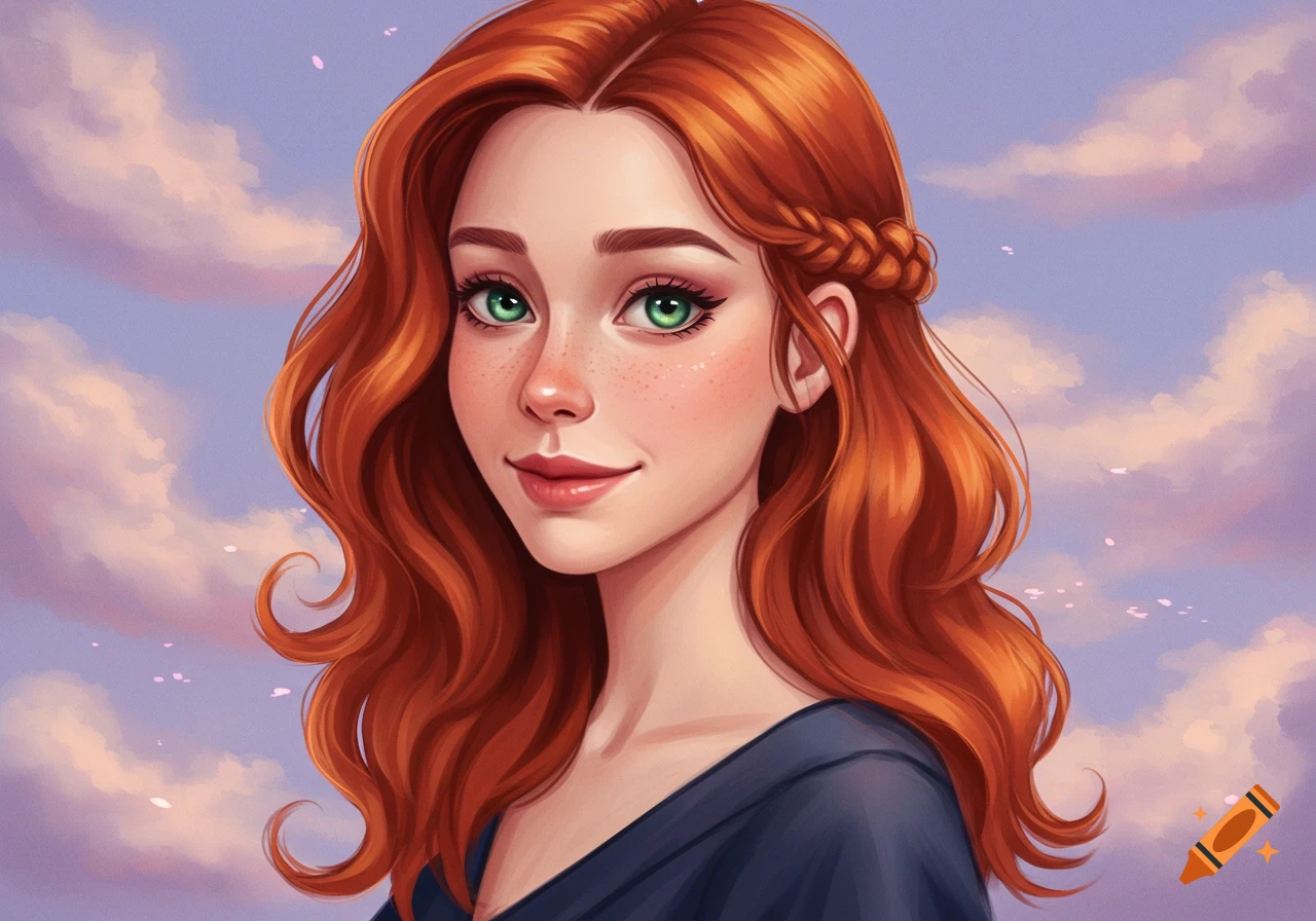 A woman with red hair and green eyes against a cloudy sky.