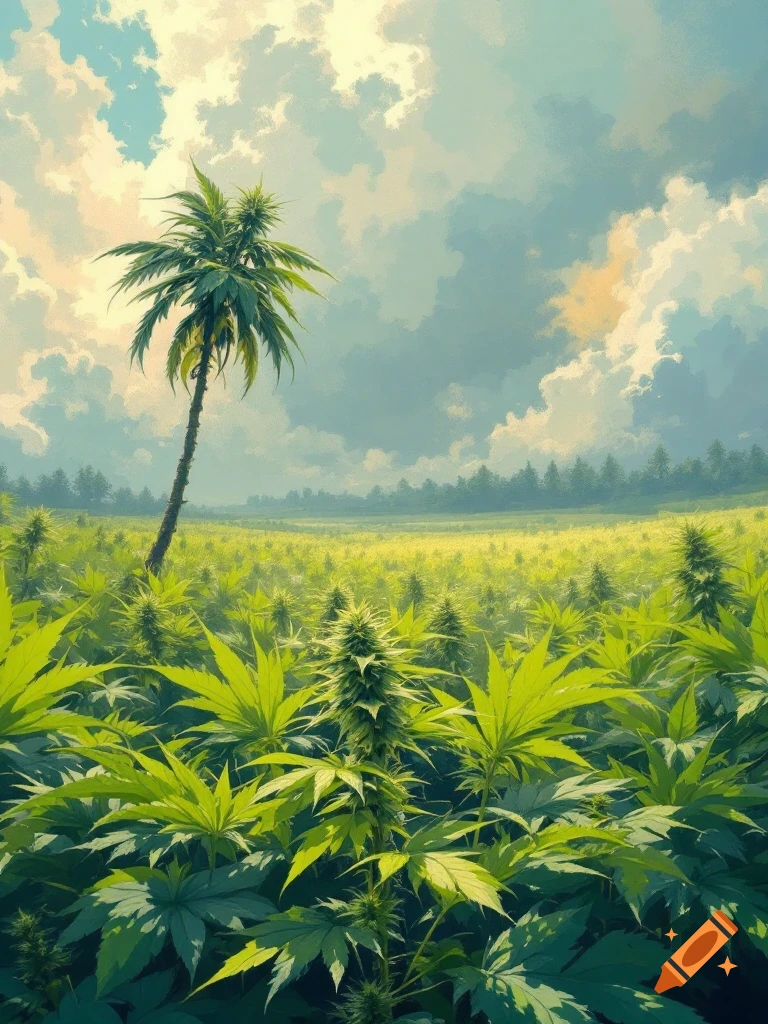 A lush field of cannabis plants under a cloudy sky with a palm tree