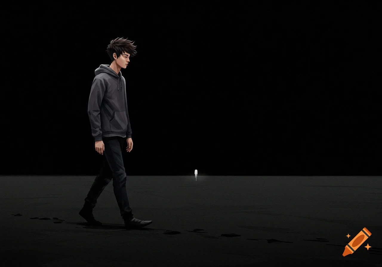 A person walks across a dark landscape toward a distant light, leaving footprints.