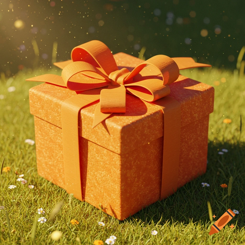 Orange gift box with a bow on grass with flowers and sparkling lights.