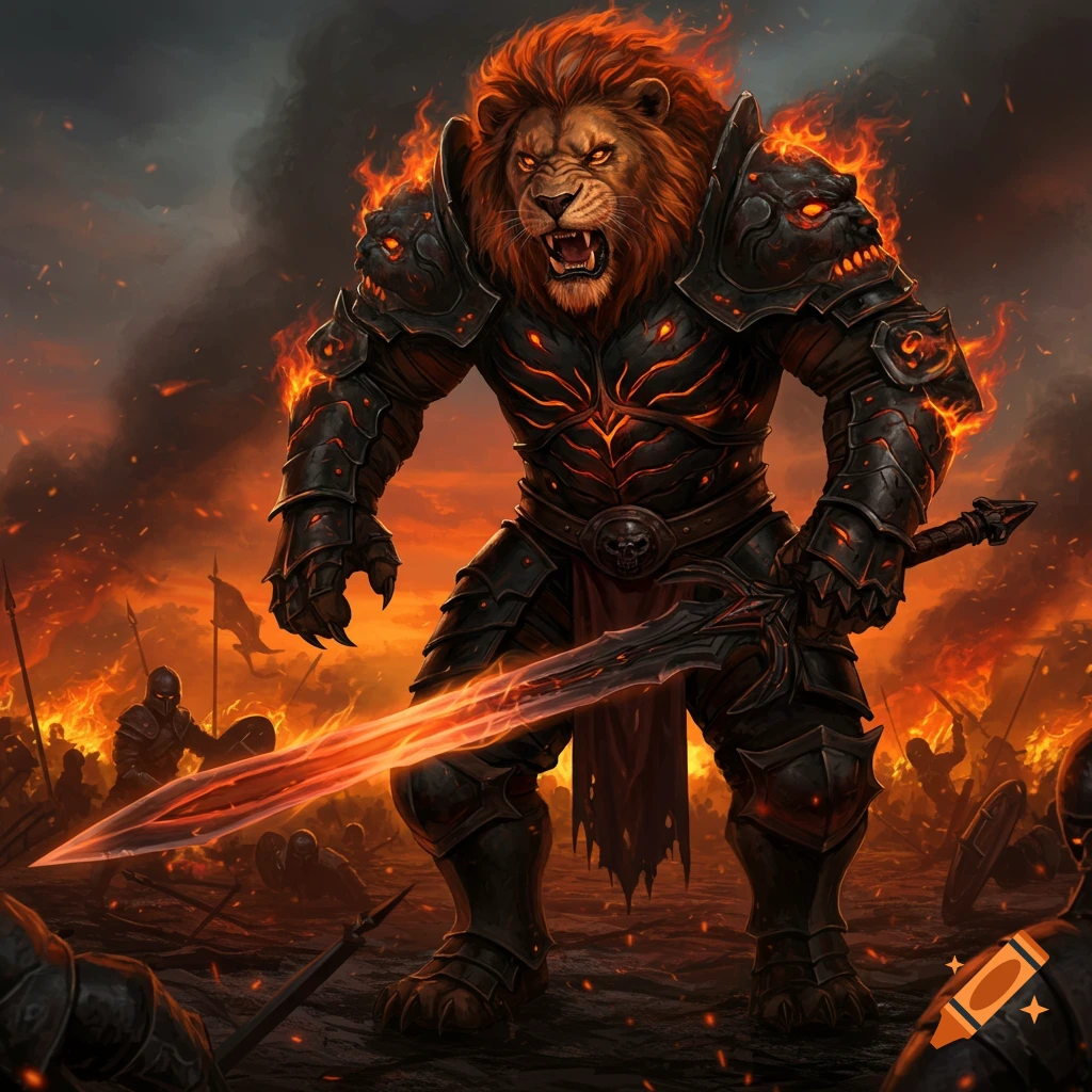 A lion warrior in fiery black armor holding a glowing sword on a battlefield.