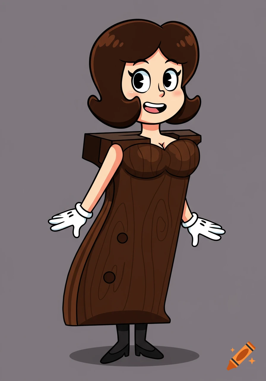 Cartoon woman with brown hair wearing a wood grain dress, white gloves, and black shoes.