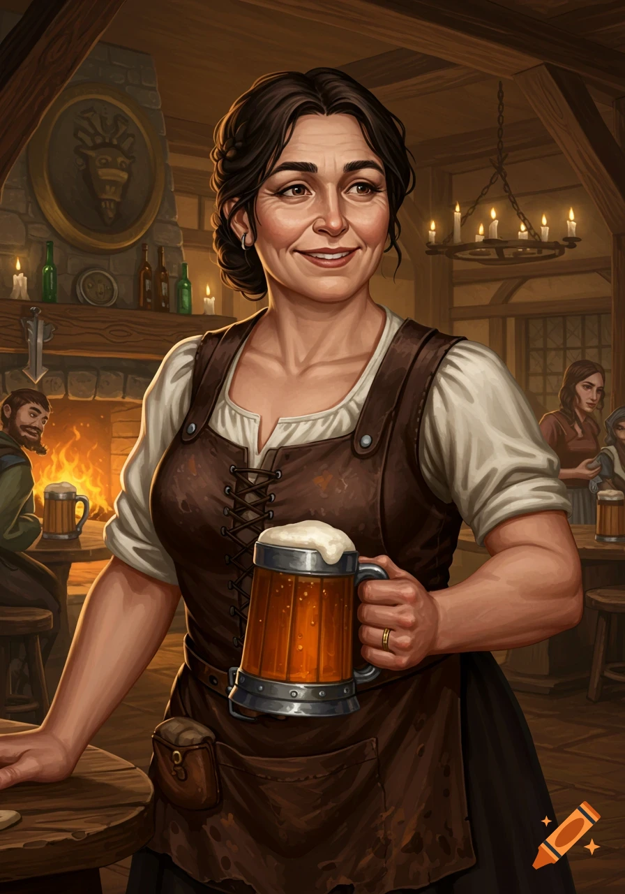 A middle-aged woman holding a beer mug in a bustling tavern.