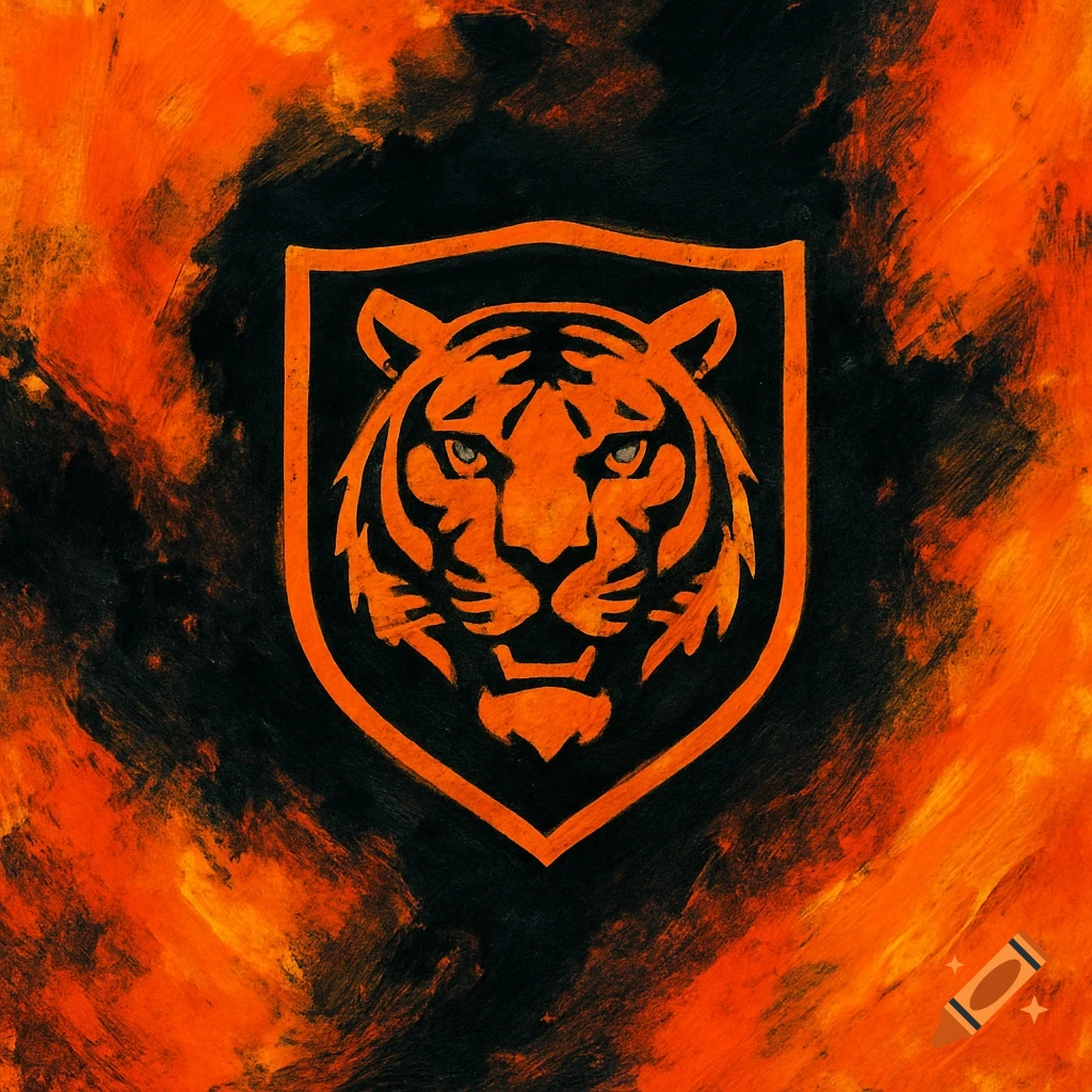 Stylized orange tiger face in a shield crest against a black and orange painted background.