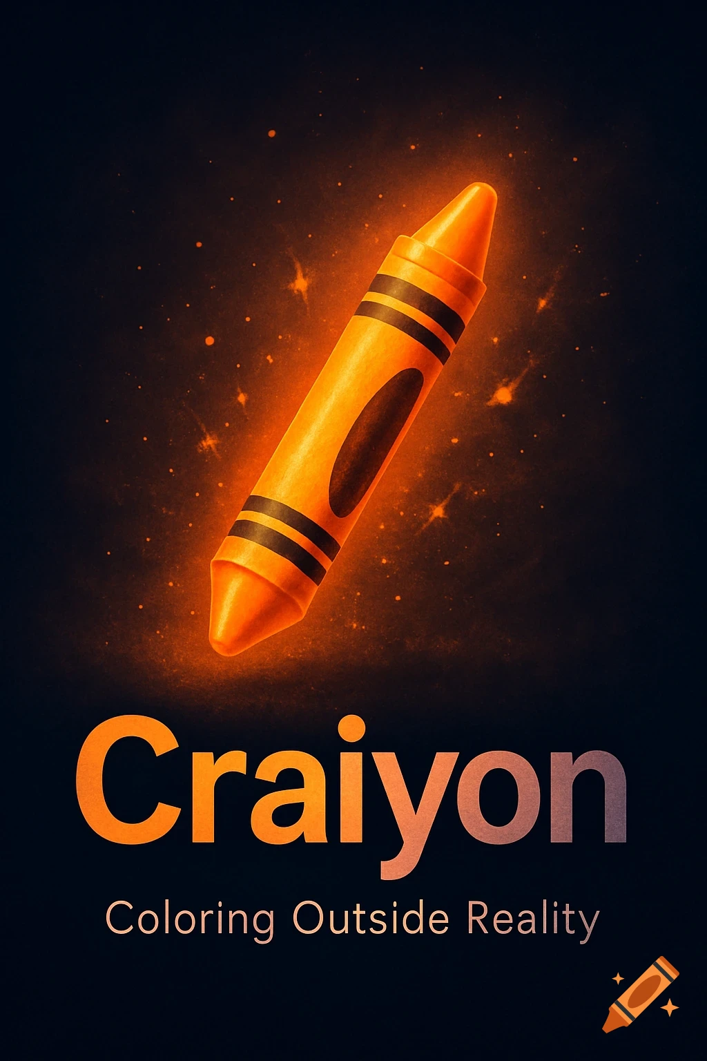 A glowing orange crayon floats against a dark background with sparks and the text 'Craiyon' and 'Coloring Outside Reality'.