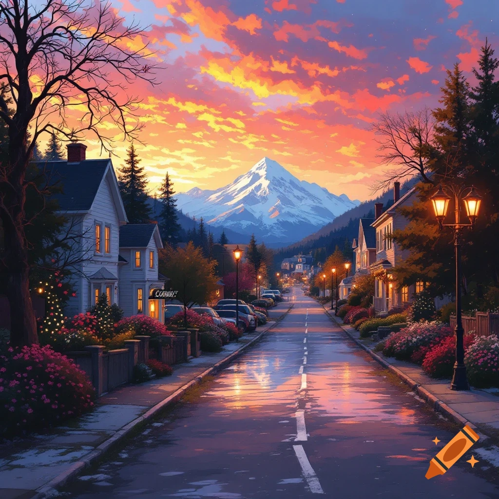 A colorful street lined with houses and flowering bushes, leading towards a snow-capped mountain under a vibrant sunset sky. The street is wet, reflecting the light.