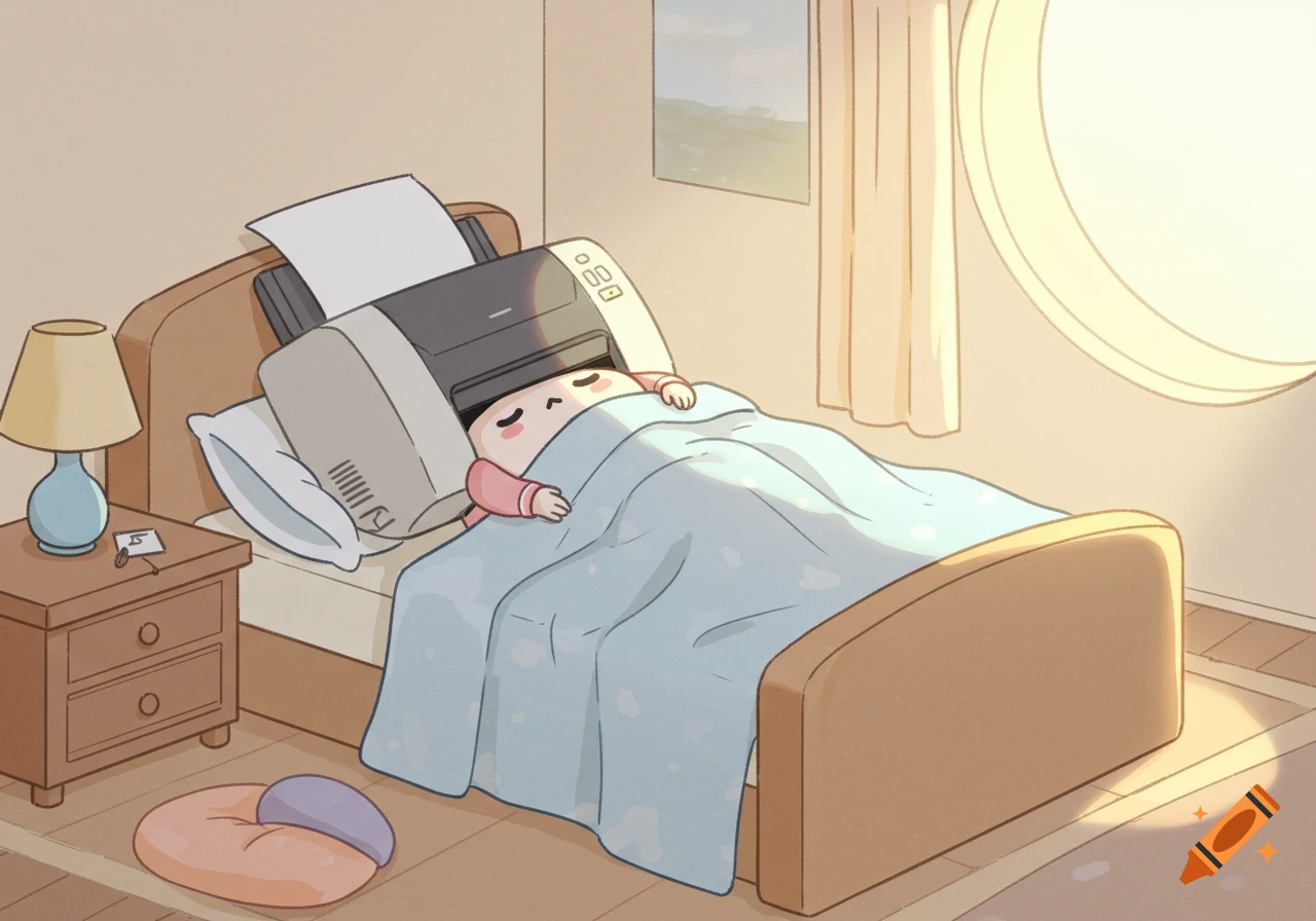 Vector drawing of a cartoon printer sleeping in a bed under a blanket.