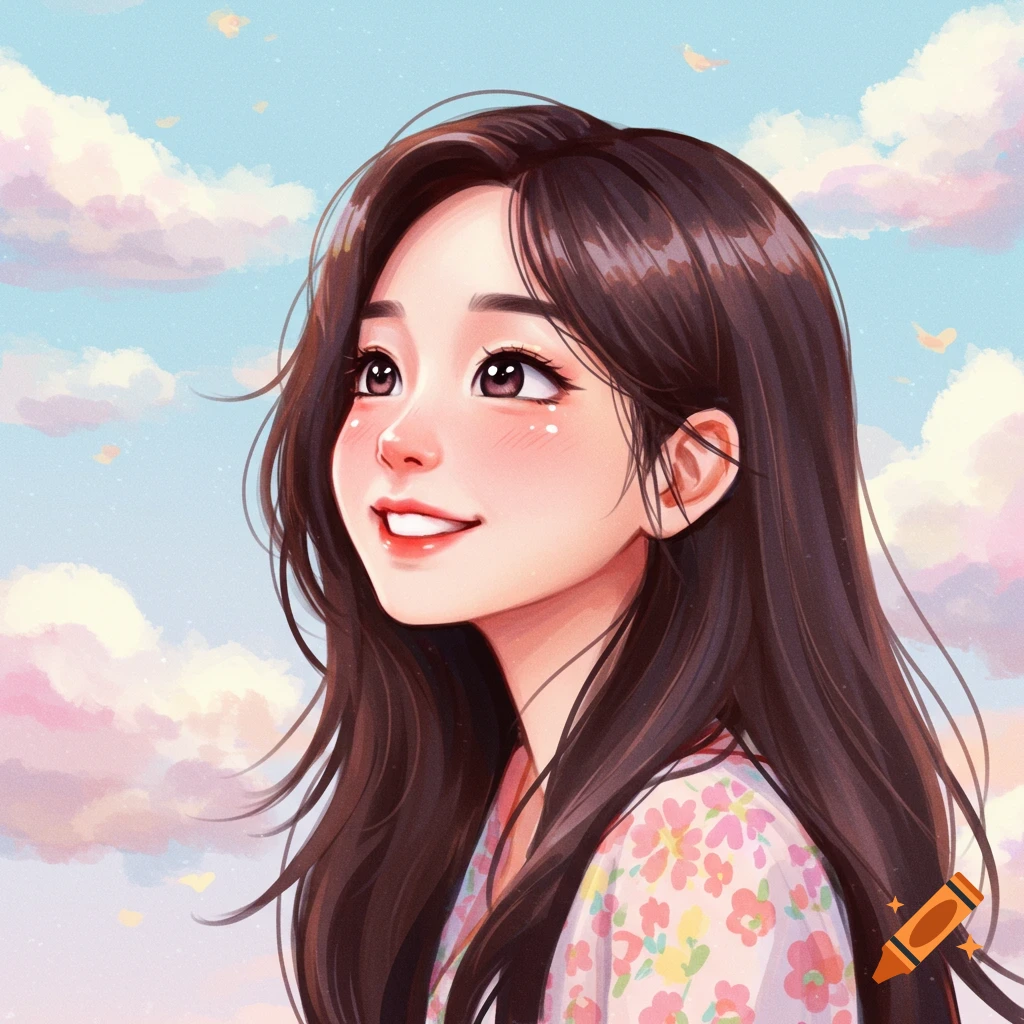 A cute woman smiling and looking up at a cloudy sky.