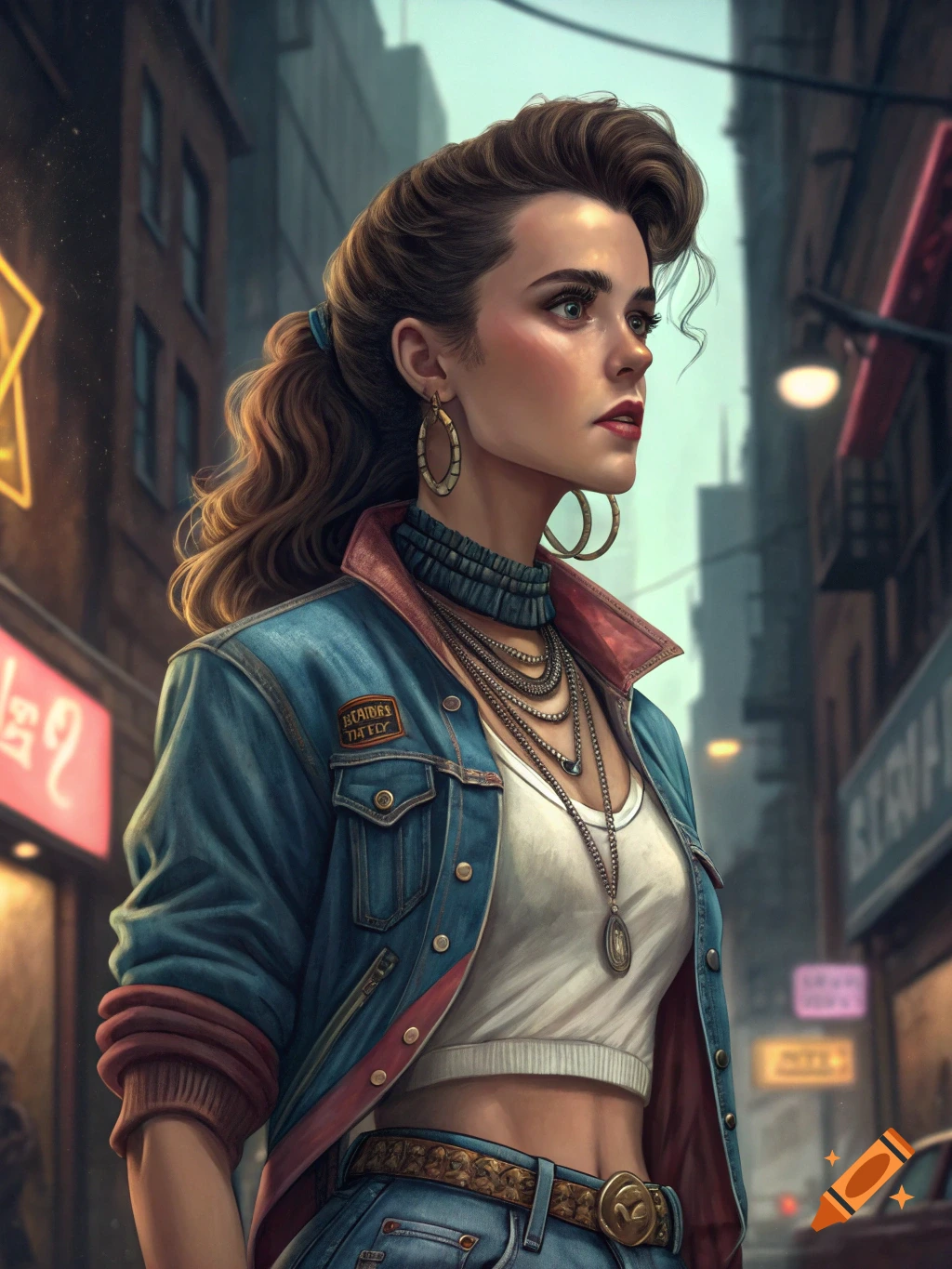 Portrait of a woman in 90s fashion with a denim jacket and necklaces standing in an urban street with neon lights.