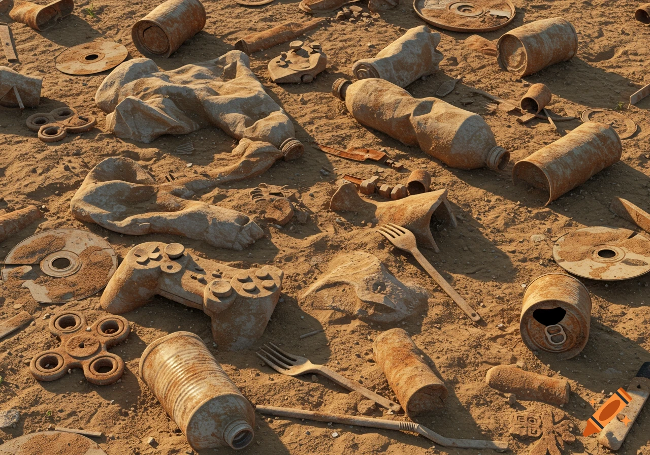 Close-up of fossilized modern objects like a game controller, CDs, and bottles half-buried in sand.