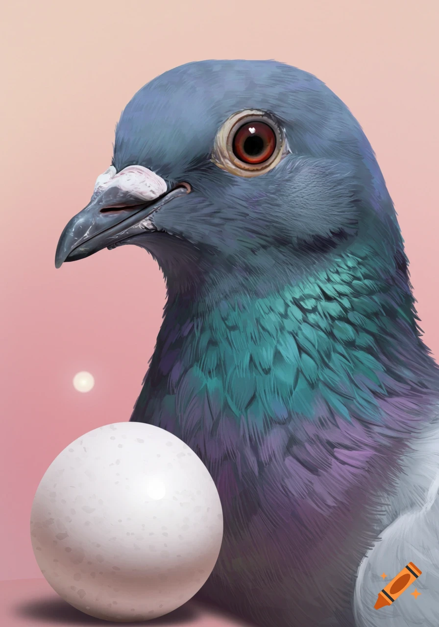 A pigeon's head next to a white egg on a pink background.