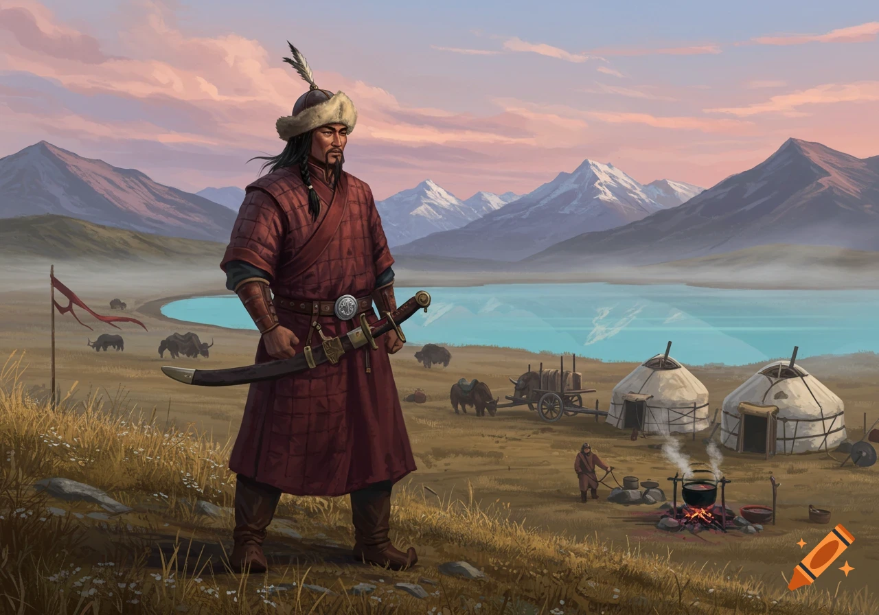 A lone warrior on a hill, surveying a scene of tents, yaks, a serene lake, and majestic mountains bathed in the warm hues of dawn. The atmosphere is one of historical significance and quiet anticipation.