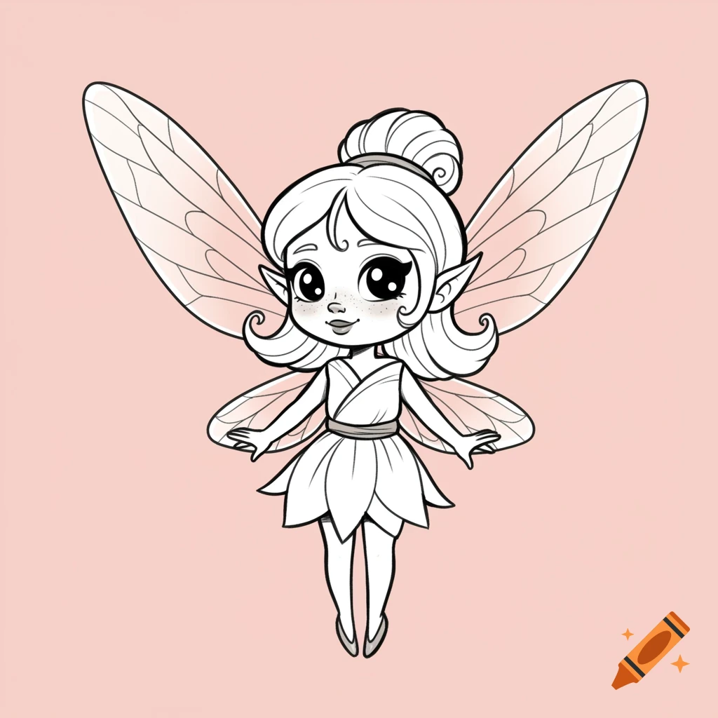 Black and white outline of a cute cartoon fairy on a pink background.