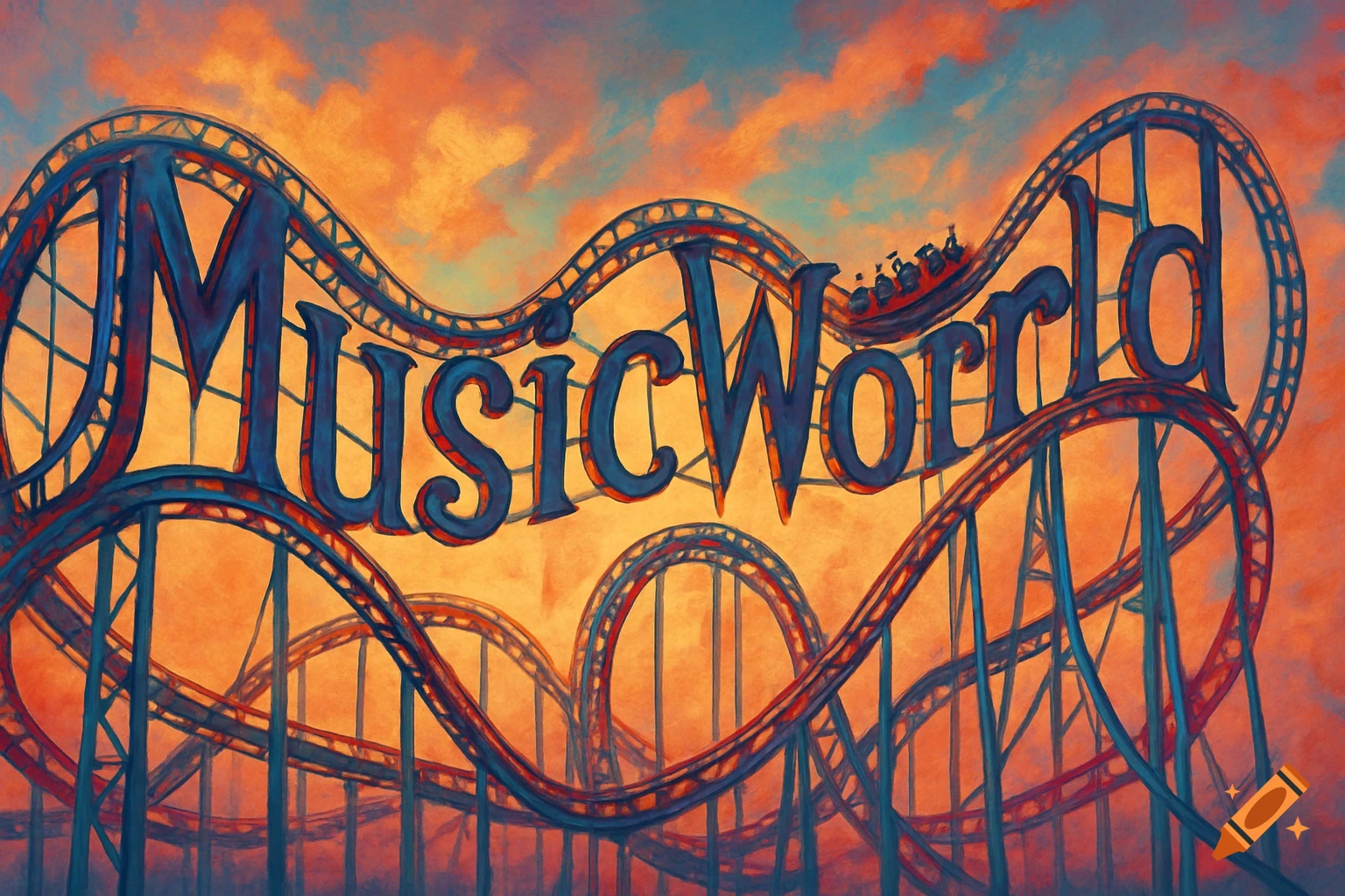 A roller coaster spelling "MusicWorld" against an orange sky.