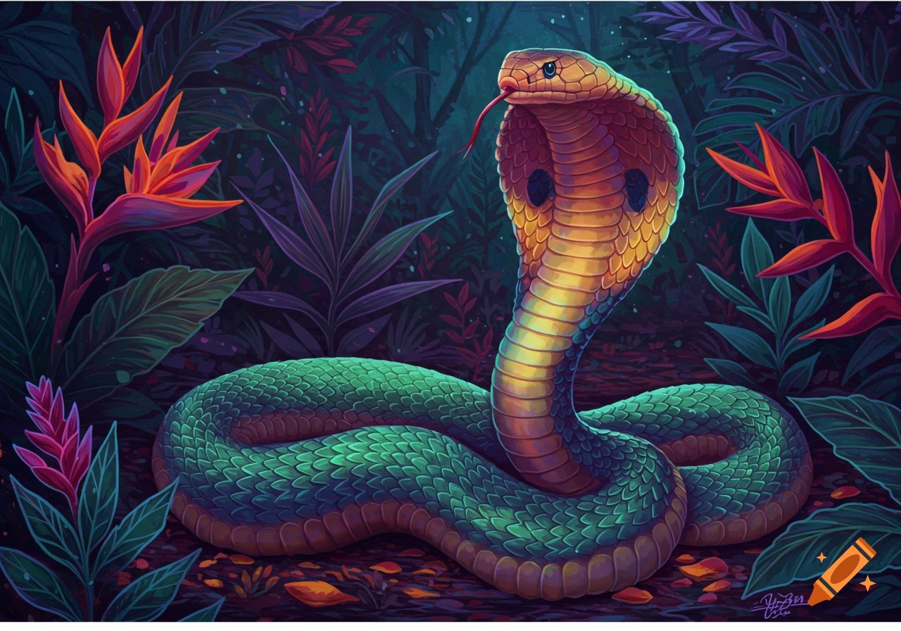 A vibrant depiction of a cobra with its hood spread in a lush jungle setting.