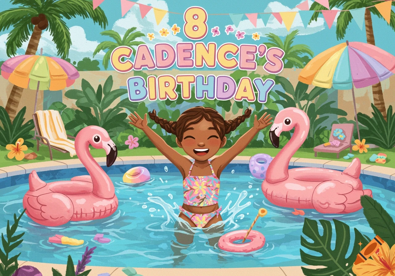Cartoon illustration of a girl in a pool with flamingo floats, tropical plants, and a banner saying '8 Cadence's Birthday'.