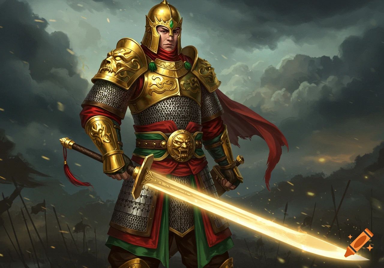 A warrior in gold and red armor holds a glowing sword against a cloudy sky.