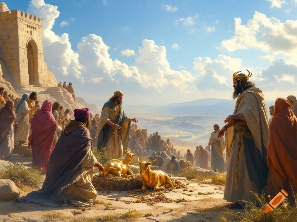 King Jeroboam presents golden calves to a crowd on a hill in an ancient setting.
