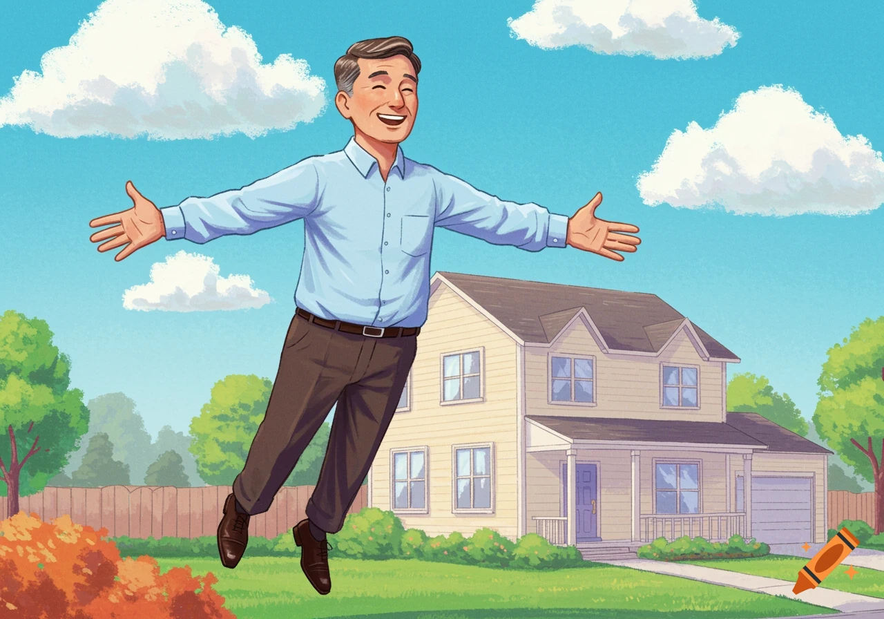 A middle-aged man floats happily with outstretched arms in front of a suburban house.