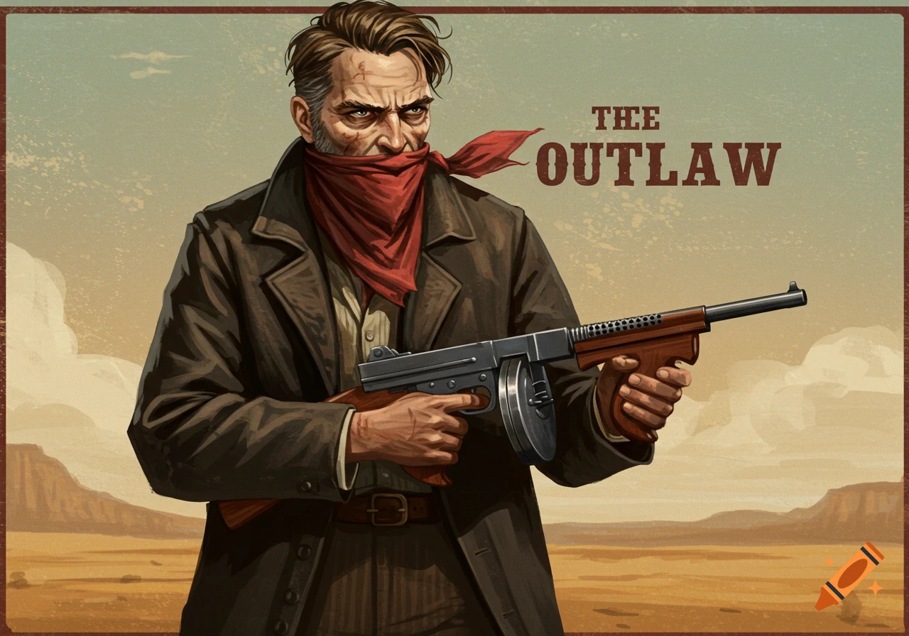 A 1930s outlaw with a red bandana over their mouth, holding a Thompson submachine gun.